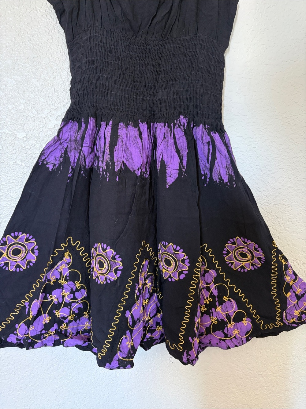 Black and Purple Embroidered Smocked Mini Dress - Picture 8 of 9